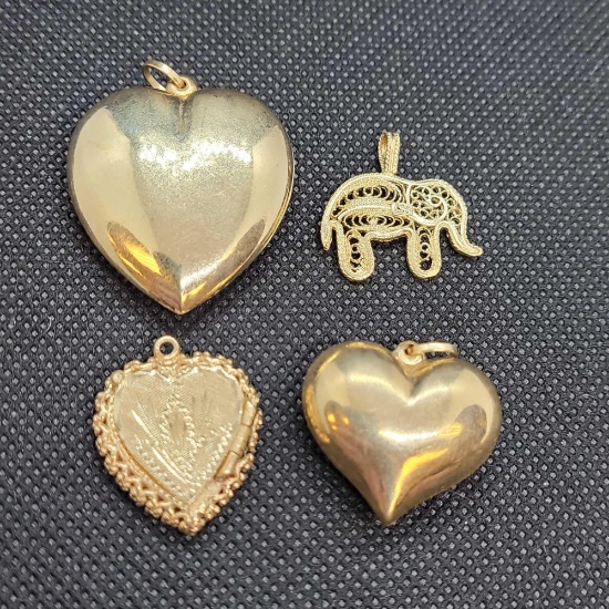 (3) Heart Pendants and Elephant Pendant 14k GOLD 13.0 grams