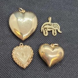 (3) Heart Pendants and Elephant Pendant 14k GOLD 13.0 grams