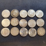 Lot of 15 90% Bu to Au Silver US Roosevelt Dimes 10 cent Many Brilliant Uncirculated