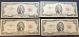 4 $2 Dollar Bills 1953 Series A B & C nice and crisp