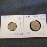 1869 3 Nickel and 1866 5 Shield Nickel With Rays The 1st Nickels minted