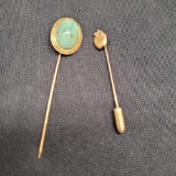(2) 14kt GOLD PINS 4.7 grams - Green stone and apple motif