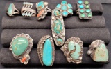 (10) Sterling Silver Rings- Turquoise and other stones - 82.1 Grams