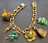14kt GOLD, JADE, PINK SAPPHIRE charm bracelet- BEE HIVE, CLOVER, FROG...
