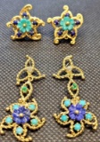 (2) pairs 18kt GOLD, DIAMOND and enamel flower earrings