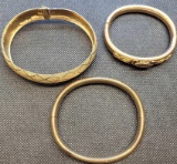 (3) 10kt GOLD Bracelets - (2) Vintage hinged bangles (1) modern etched, clasp