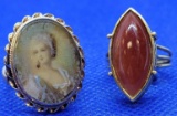 (2) 14kt GOLD Rings - Vintage Portrait and Red stone (poss. Carnelian)