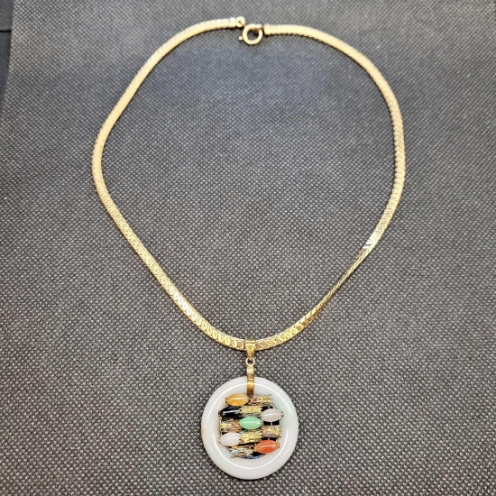 Circular White JADE Pendant on 14 kt GOLD Necklace