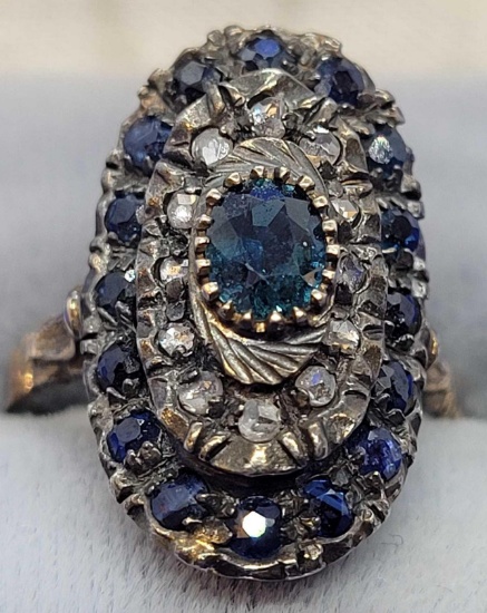 Vintage SAPPHIRE 14kt GOLD Cocktail Ring- Art Deco- Gorgeous! Must See! Heirloom Piece