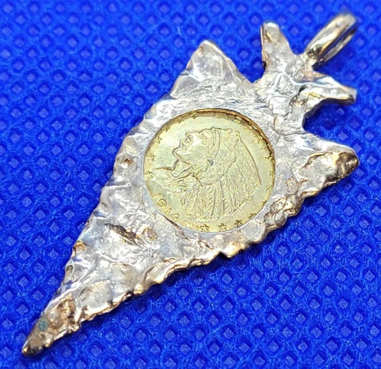 14kt GOLD Arrowhead pendant with GOLD Indian head coin (replica)