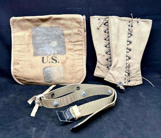 WWI US Army Haversack, WWII PAIR 1938 Spats and USMC Magazine Pouch Belt