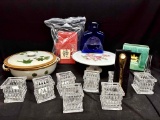 Assorted Glassware, Baking Pot, Candle Holders, vases more