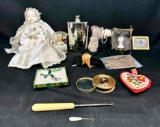 Mixed Goods. Fancy Doll, Pouches, Lincoln Magnifying Glass , Flask more