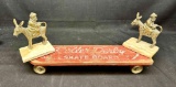 Mini Wooden Roller Derby Skate Board. Brass and Marble man on Donkey Statues