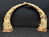 Vintage carved Dragon and phoenix Water Buffalo Horns