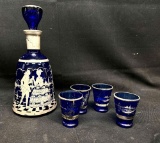 Blue Glass Decanter and Glasses with Sterling Silver Accents