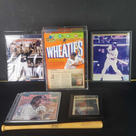 Tony Gwynn memorabilia Wheaties box photos small baseball bat etc.