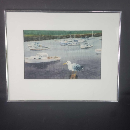 Framed artwork seagull with anchored boats