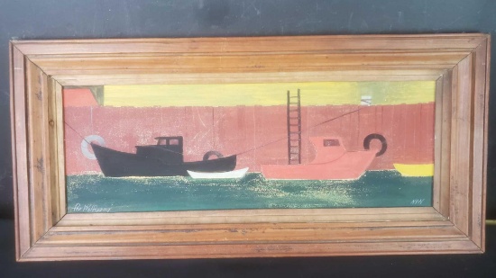 Framed artwork on masonite of tugboats W/signature