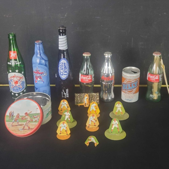 Vintage tin baseball figures 6 empty bottles