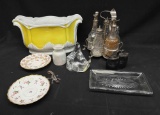 Assorted Glassware and Home Decor. Condiment Set may be Silver Plated