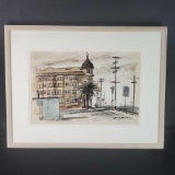 Framed artwork titled The Dome Apartments signed David Blower 1963