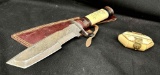 Large Hunting Knife with Damascus Blade and Pirate Ship Handle. Small Bone Trinket Box