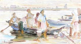 Unframed Art of Women by a boat from H Bonkoba