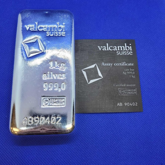 Valcambi Suisse 1kg silver bar With COA
