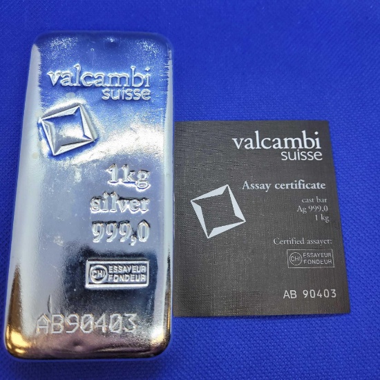 Valcambi Suisse 1kg Silver Bar with COA