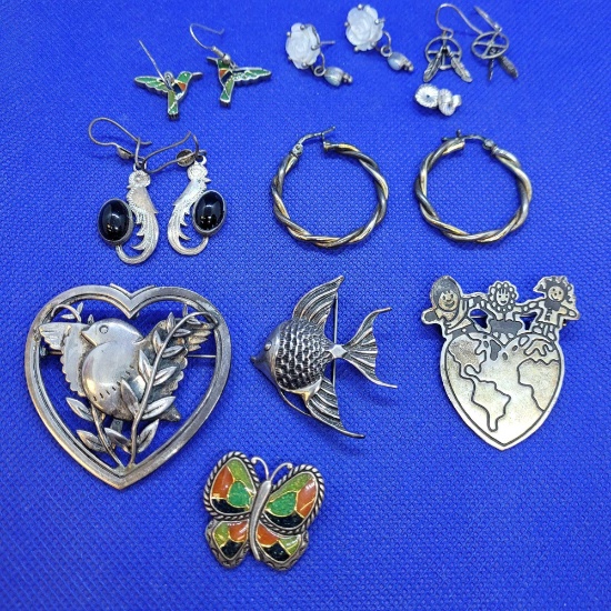 Silver jewelry lot Earrings and pins 65.8 grams