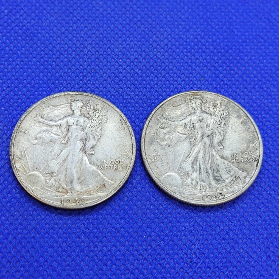 2 1943 walking liberty 90% silver Half Dollar coins, to Au lot of 2