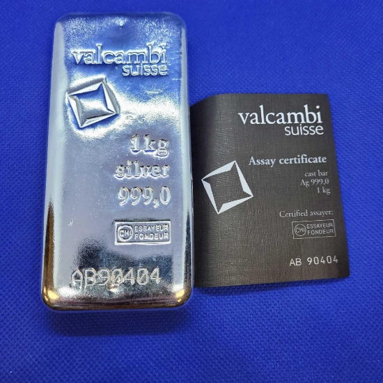 Valcambi Suisse 1kg Silver bar with COA