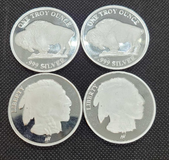 (4) 1 Troy Oz .999 fine silver Buffalo round coins