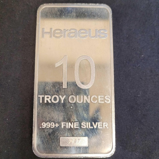 Heraeus 10 Troy Oz .999 fine silver bar