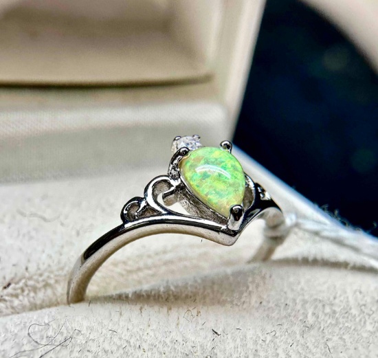 925 White Zircon Opal Crown Ring sz7