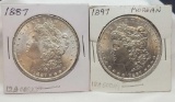 (2) 1887 Morgan silver dollar 90% silver coins