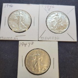 (3) walking liberty half dollar coins 1946-1947