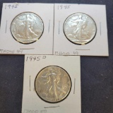 (3) 1945 walking liberty silver half dollar coins