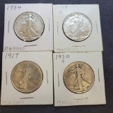 (4) walking liberty Half dollars 1917-1920-s- 1934- 1938-D