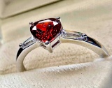 Sparkly Heart Shaped Garnet 925 Silver Ring sz7.5