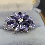 Silver 925 ring With Purple Cluster Tanzanite Gemstone