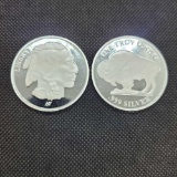(2) 1 Troy Oz .999 fine silver Buffalo round coins