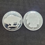 (2) 1 Troy Oz .999 fine silver Buffalo round coins