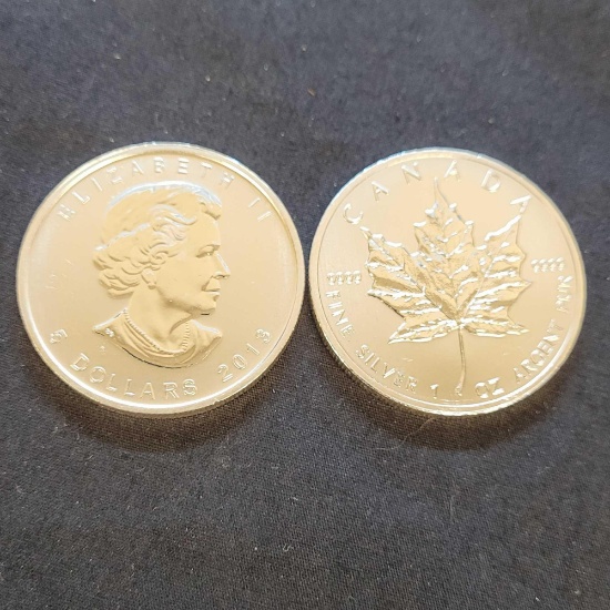 (2) 2013 Canada 5 dollars 1 Troy Oz .999 fine silver round coins