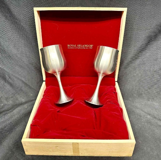 Set of 2 Royal Selangor Fine Pewter Medieval Wine Goblets, Wooden Gift Box