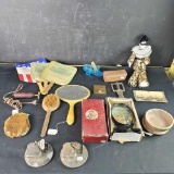 Misc. vintage items porcelain myme hand mirror brush shavers sequin purse hair clippers etc.