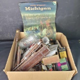Box misc.hand tools vintage radio parts tubes etc. Michigan fishing/hunting guide