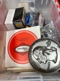 Bin full of Assorted Home Goods. Quarter Shaped Coin Holder, Shell Shadowbox, Office Organizers more