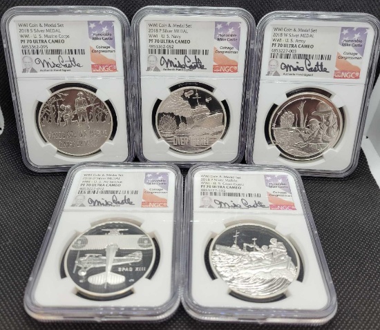 5-Coin NGC PF70UCAM US Mint 1918-S WWW1 Silver Medal Set Signed Mike Castle